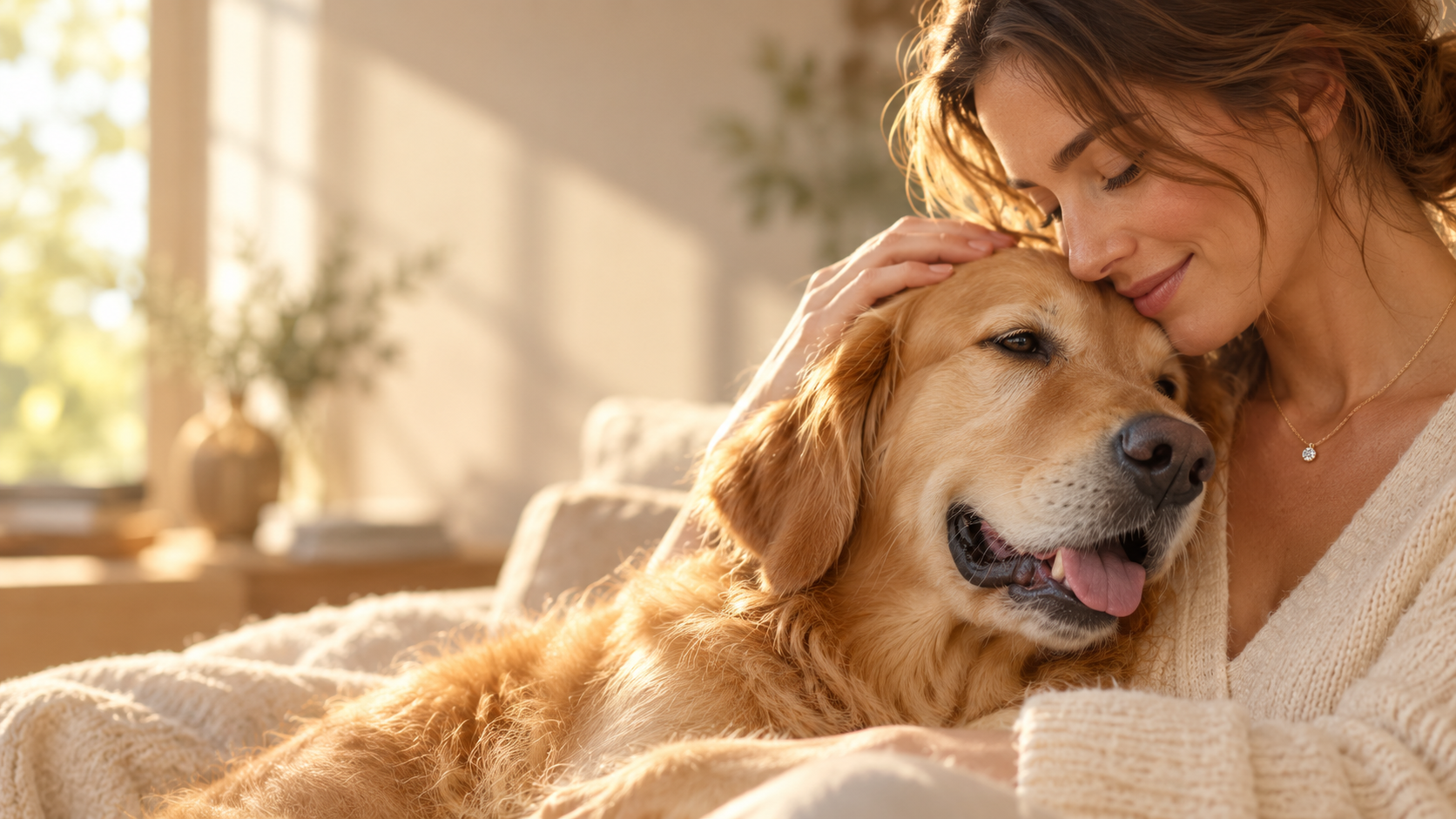 A woman cuddles her golden retriever, both in a warm sunlit home