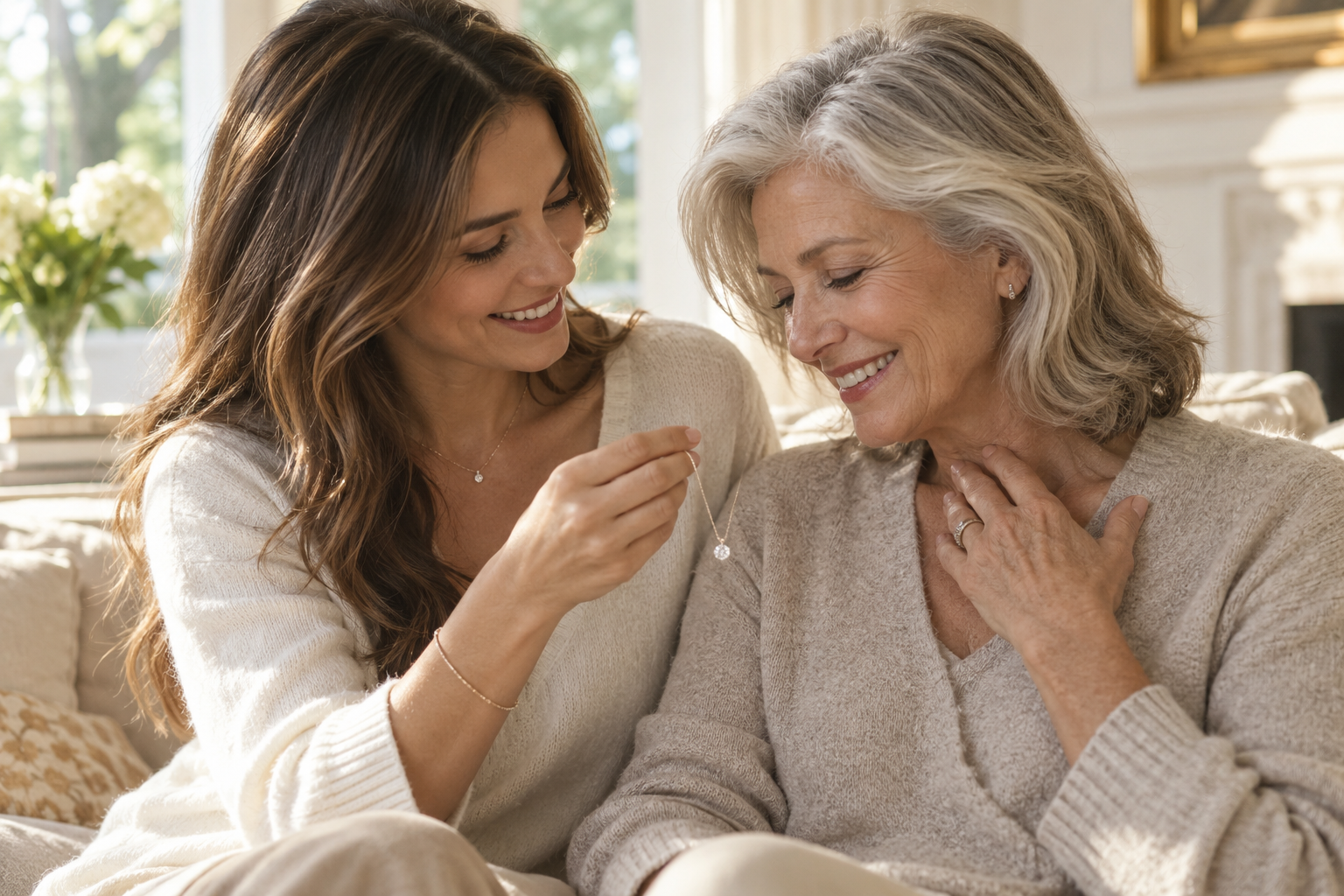An adult daughter sharing a diamond pendant moment with her mother