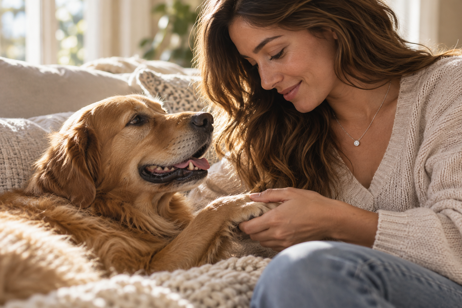 A woman sharing a quiet moment with her beloved dog