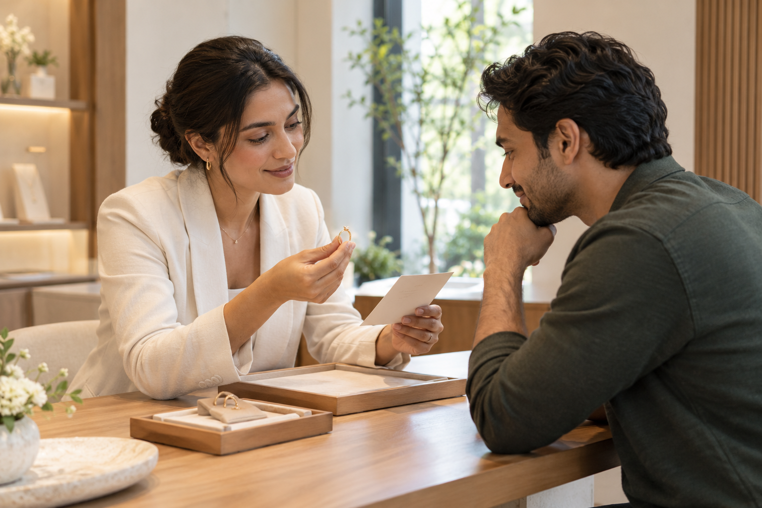 A jewellery advisor helping a customer examine a ring and its details
